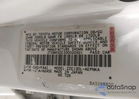 2003 Toyota Corolla Le z USA, uszkodzony, nr VIN JTDBR32E330020921